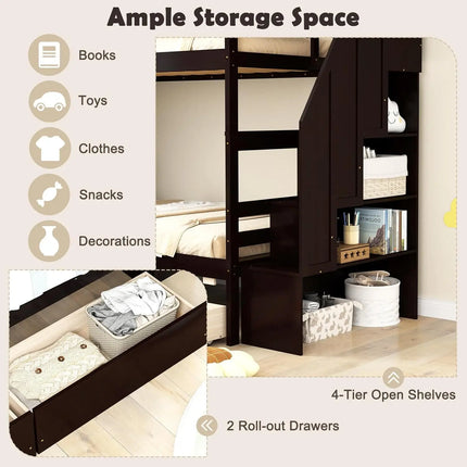 FurnitureZ l  Wood Twin Over Twin Bunk Bed for Bedroom, Kids