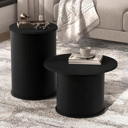 FurnitureZ l  Pair of Fluted Circle Black Wooden Nesting Coffee Tables for Living Room
