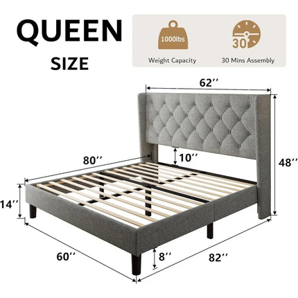 FurnitureZ l  Queen Size Upholstered Platform Bed Frame for Bedroom