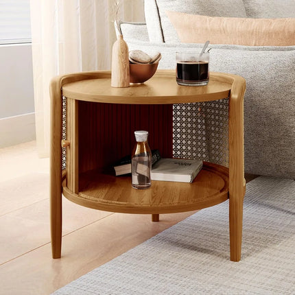FurnitureZ l 19.69" Table with Roller Door & Woven Rattan for Living Room