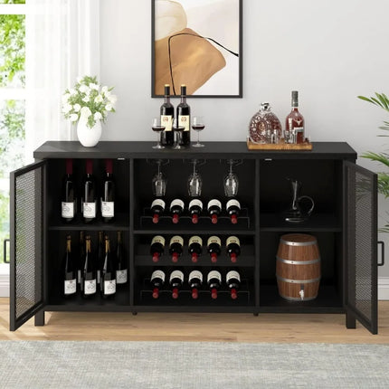 FurnitureZ l  Black Coffee Bar and Liquor Cabinet With Wine Rack Storage for Dining Room