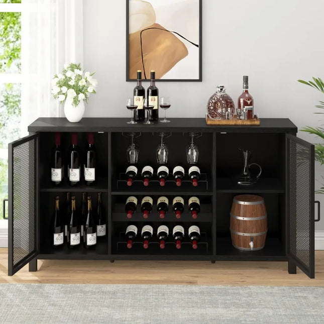 FurnitureZ l  Black Coffee Bar and Liquor Cabinet With Wine Rack Storage for Dining Room