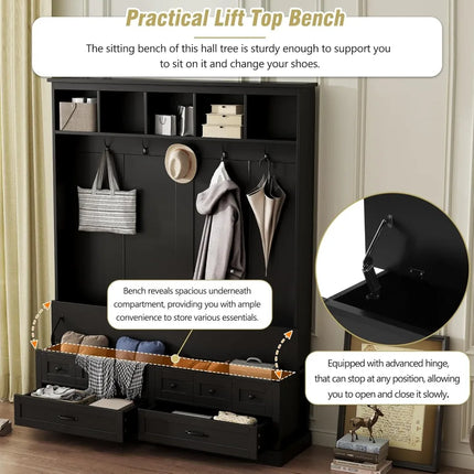 FurnitureZ l  Merax Multifunctional Farmhouse Wooden Tree Storage Bench for Entryway