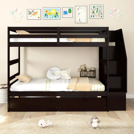 FurnitureZ l  Wood Twin Over Twin Bunk Bed for Bedroom, Kids