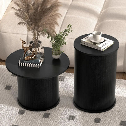 FurnitureZ l  Pair of Fluted Circle Black Wooden Nesting Coffee Tables for Living Room