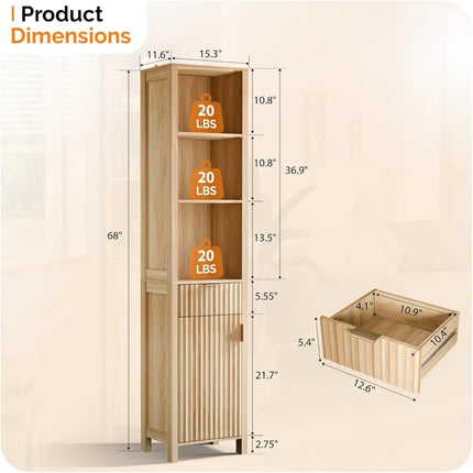 FurnitureZ l  Narrow Fluted Floor Skinny Storage Cabinet for Bathroom