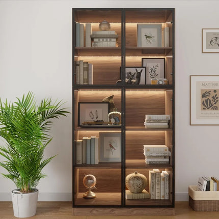 FurnitureZ l  78.7" Glass Door Display Book Cabinet for Living Room, Dining Room