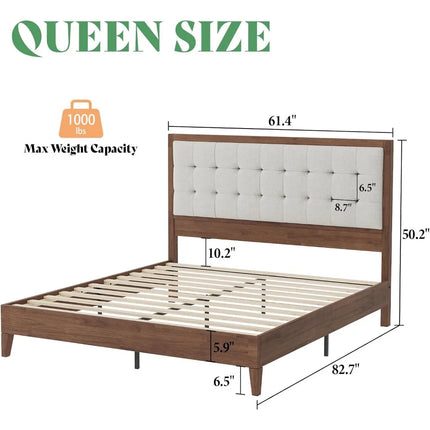 FurnitureZ l  Mid-Century Queen Size Solid Wood Bed Frame for Bedroom