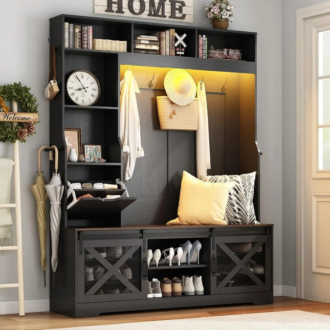 FurnitureZ l  75" Tall LED-Illuminated Farmhouse Hall Tree for Entryway