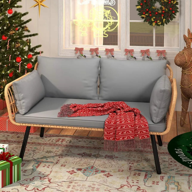 FurnitureZ l  All-Weather Wicker Loveseat with Cushions and Lumbar Pillows for Outdoor