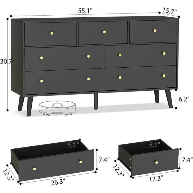 FurnitureZ l  Modern 7-Drawer Gold-Handled Dresser for Bedroom and Closet Storage