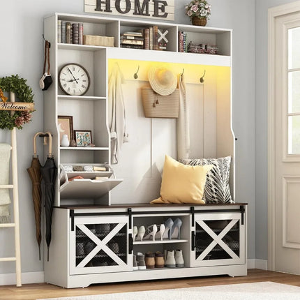 FurnitureZ l  75" Tall LED-Illuminated Farmhouse Style Hall Tree for Entryway