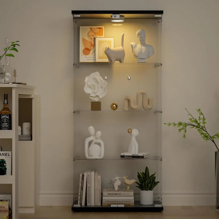 FurnitureZ l  Floor-Standing Lockable LED-Illuminated Glass Display Cabinet for Living Room, Dining Room