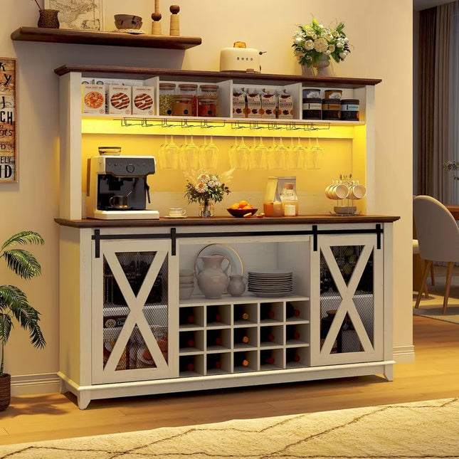FurnitureZ l  63" Wide 58H Farmhouse Coffee Bar Cabinet for Dining Room