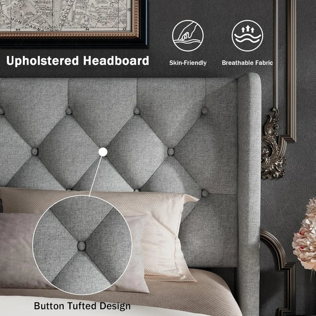 FurnitureZ l  Queen Size Upholstered Button Tufted Headboard Bed Frame for Bedroom