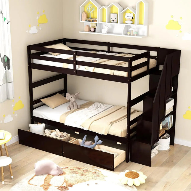 FurnitureZ l  Wood Twin Over Twin Bunk Bed for Bedroom, Kids