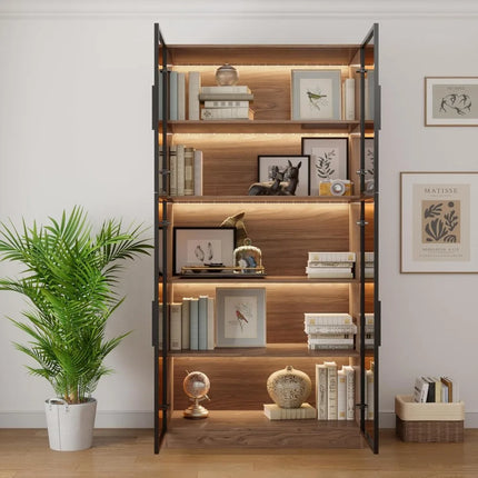 FurnitureZ l  78.7" Glass Door Display Book Cabinet for Living Room, Dining Room