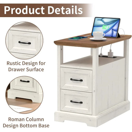 FurnitureZ l  Farmhouse End Table with Charging Station for Bedroom