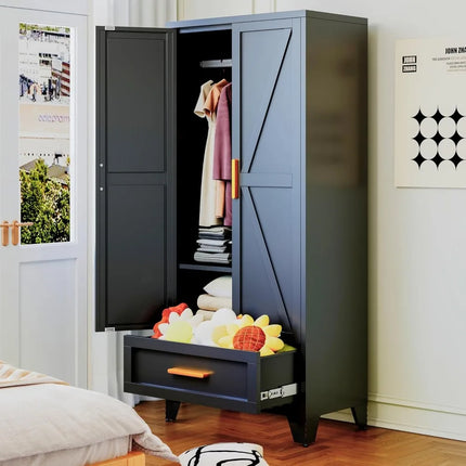 FurnitureZ l  71" Farmhouse Style Metal Wardrobe for Bedroom