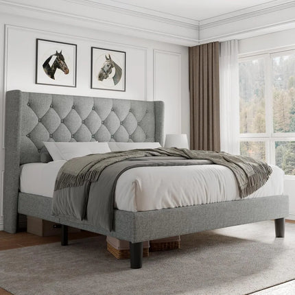 FurnitureZ l  Queen Size Upholstered Platform Bed Frame for Bedroom