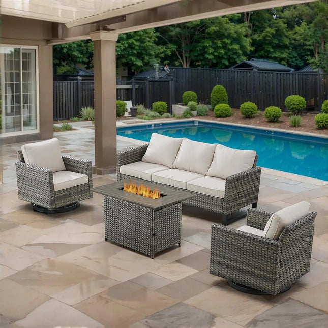 FurnitureZ l Outdoor Swivel Rocker Chairs Set with Coffee Table, Side Table, 3 Seat Sofa