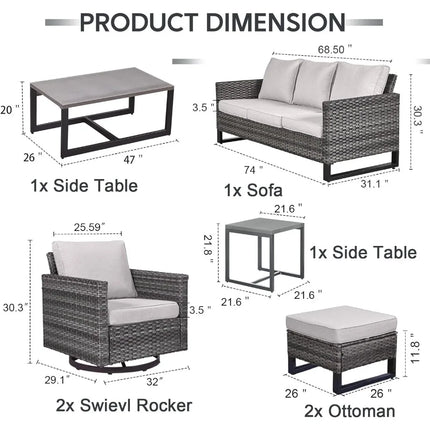 FurnitureZ l Outdoor Swivel Rocker Chairs Set with Coffee Table, Side Table, 3 Seat Sofa