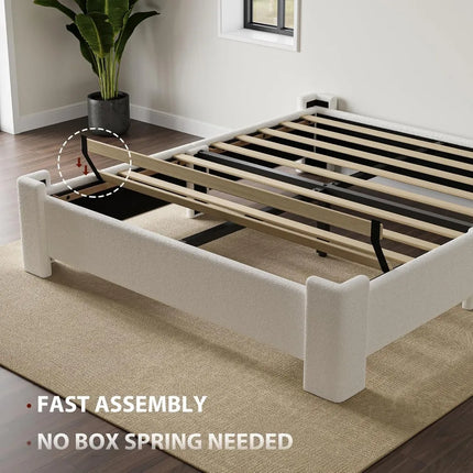 FurnitureZ l  Sturdy Queen-Sized Boucle Platform Bed Frame for Bedroom