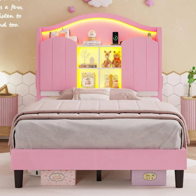 FurnitureZ l  Headboard Platform Twin Size Princess Bed Frame for Bedroom, Kids