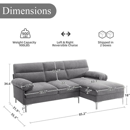 FurnitureZ l  Shape Couch Convertible 3 Seat Modern Chenille Fabric Sofa for Living Room