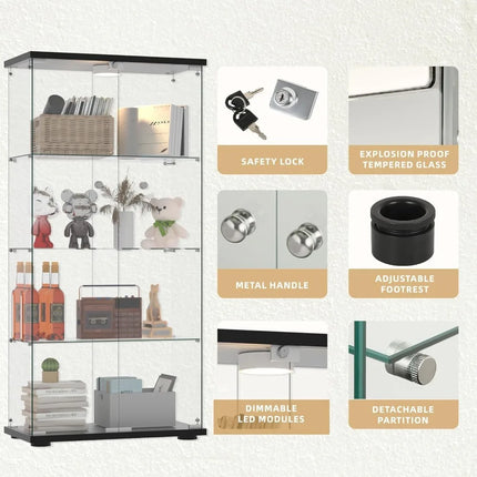 FurnitureZ l  Floor-Standing Lockable LED-Illuminated Glass Display Cabinet for Living Room, Dining Room