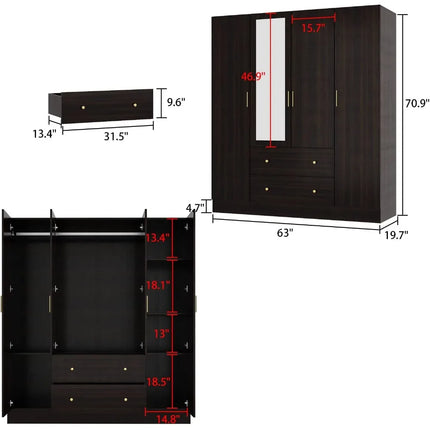 FurnitureZ l  63" 4 Door Wardrobe Armoire Closet for Bedroom