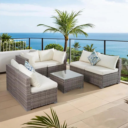 FurnitureZ l  7 Piece Outdoor Patio Sectional Sofa Set with able Cushions & Tempered Glass Table