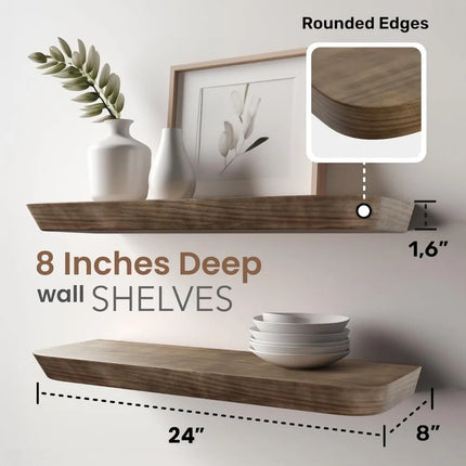 FurnitureZ l  Pair of 24" Premium Wood Wall-Mounted Floating Shelves for Living Room, Home Office, Bathroom