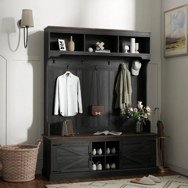 FurnitureZ l  Farmhouse Style 3-in-1 Entryway Storage Bench with Coat Rack and Shoe Rack