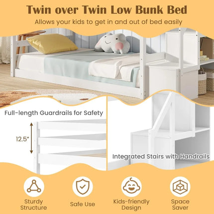 FurnitureZ l  Twin Over Twin Bunk Bed with Stairs for Bedroom, Kids