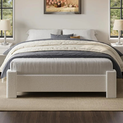 FurnitureZ l  Sturdy Queen-Sized Boucle Platform Bed Frame for Bedroom