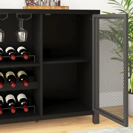 FurnitureZ l  Black Coffee Bar and Liquor Cabinet With Wine Rack Storage for Dining Room