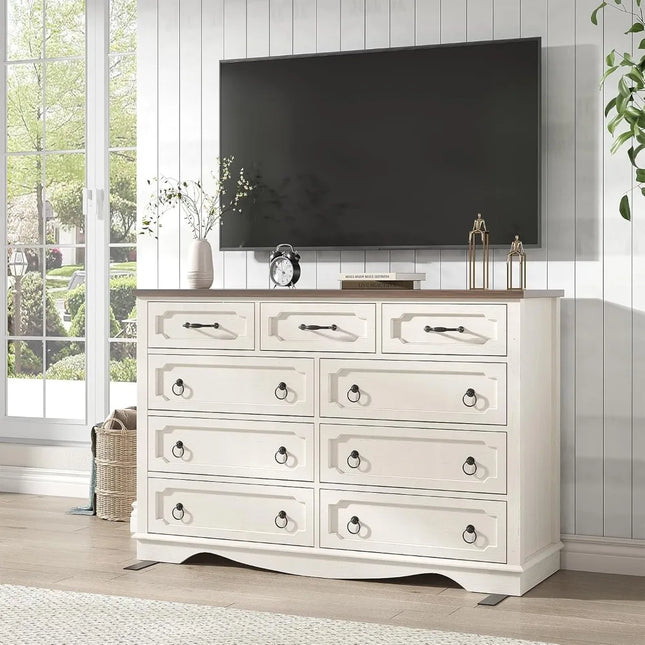 FurnitureZ l  Wide 9-Drawer Farmhouse Style Dresser for Bedroom, Dressing Room