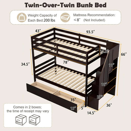 FurnitureZ l  Wood Twin Over Twin Bunk Bed for Bedroom, Kids