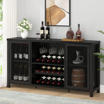 FurnitureZ l  Black Coffee Bar and Liquor Cabinet With Wine Rack Storage for Dining Room