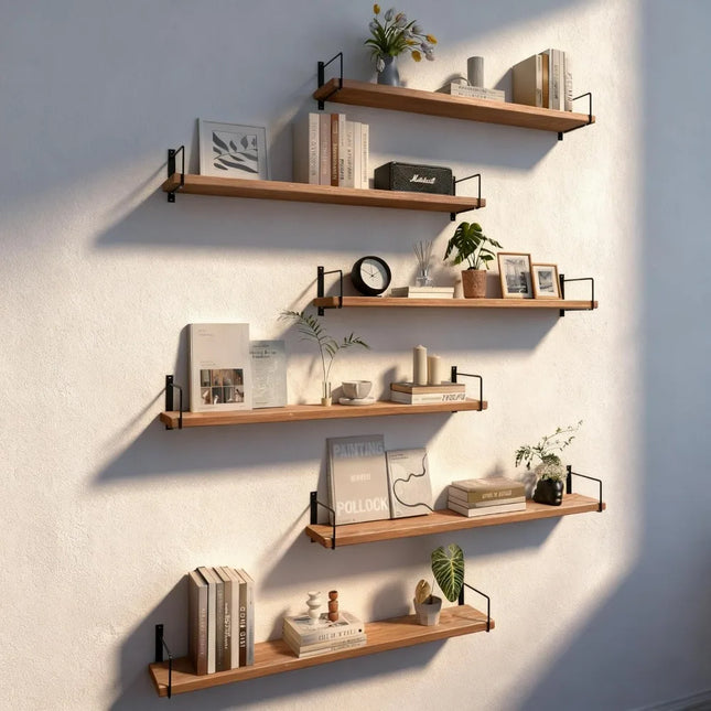 FurnitureZ l  36" 6-Tier Solid Wood Floating Wall Shelves for Home Office, Bathroom