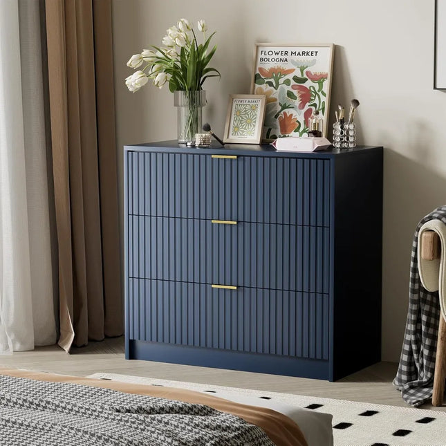 FurnitureZ l  Contemporary Navy Blue 3-Drawer Dresser for Bedroom, Dressing Room