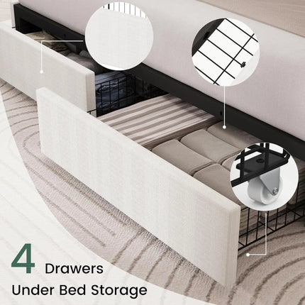 FurnitureZ l  Linen-Covered Queen Platform Bed Frame for Bedroom