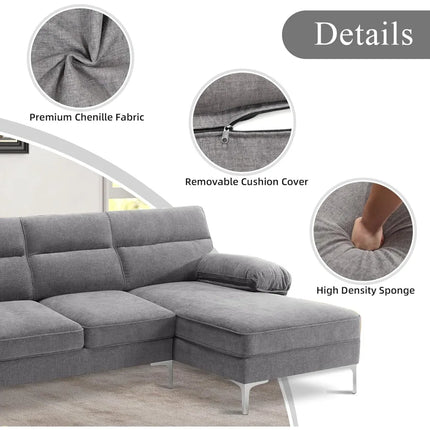 FurnitureZ l  Shape Couch Convertible 3 Seat Modern Chenille Fabric Sofa for Living Room