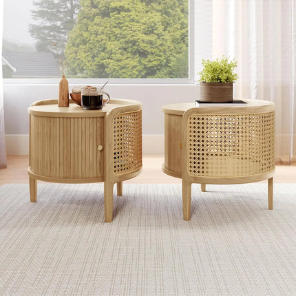 FurnitureZ l 19.69" Table with Roller Door & Woven Rattan for Living Room