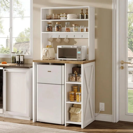 FurnitureZ l  White 6-Tier Mini Fridge Cabinet with Storage and Built-in Power Outlet