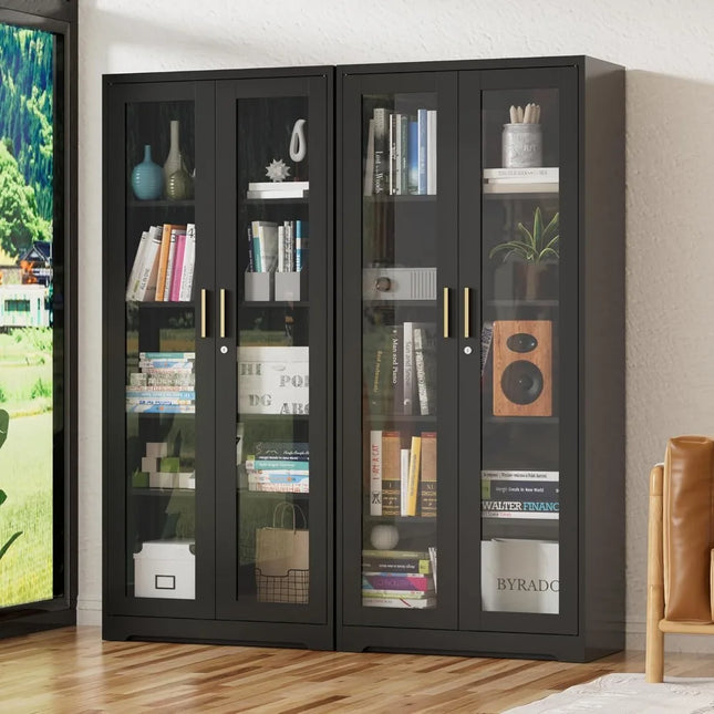 FurnitureZ l  71" Tall Metal and Glass Display Book Cabinet for Living Room, Dining Room, Home Office