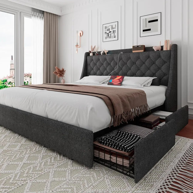FurnitureZ l  Upholstered Queen-Size Bed Frame for Bedroom
