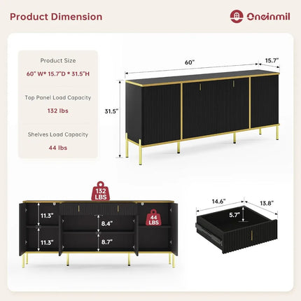 FurnitureZ l  Modern Fluted Sideboard Buffet Cabinet for Living Room, Dining Room
