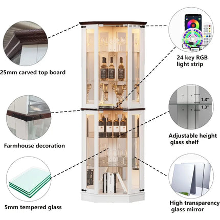 FurnitureZ l  71'' Farmhouse Display Curio Cabinet with LED Lights for Dining Room